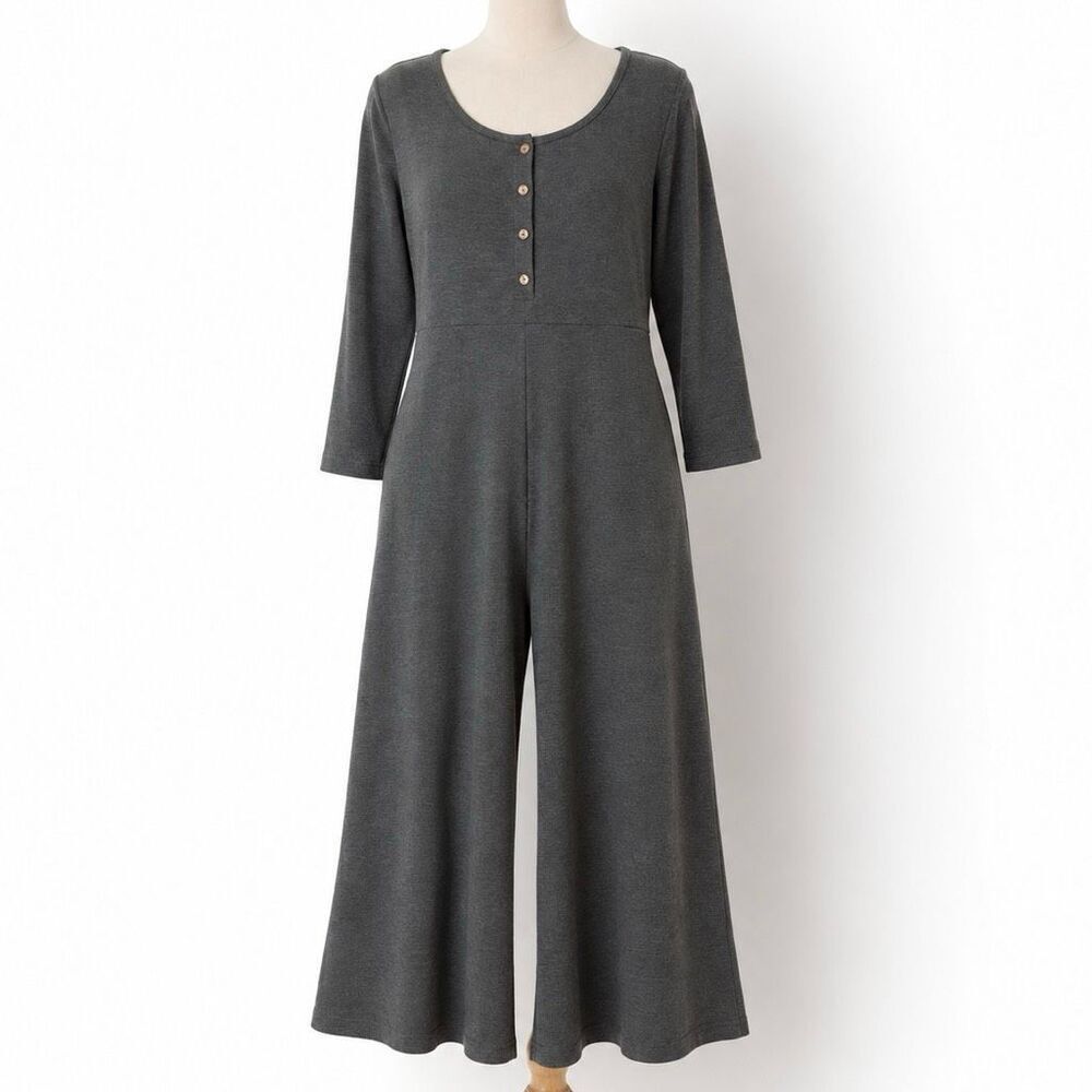 Three Bird Nest Gray Wide Leg Lounge Jumpsuit Button Front Women’s M